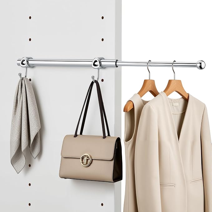 14" Valet Rod for Closets Pull Out, Closet Valet Rod Slide Out with 2 Hooks, Chrome