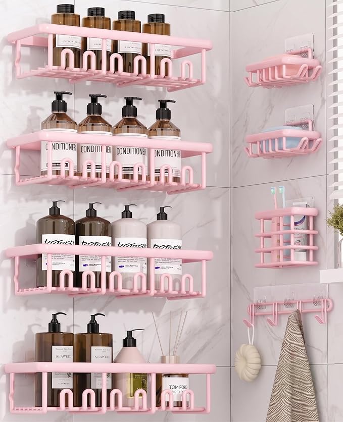 8 Pack Adhesive Rustproof Shower Caddy with Soap Dishes, Toothbrush Holder & Hooks, Large Capacity No-Drilling Shower Shelves Rack for Bathroom Organizers and Storage Accessories, Pink