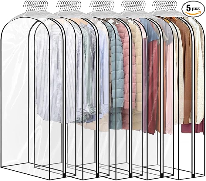 5 Pack 60" All Clear Garment Bags for Hanging Clothes Storage, 10" Gusseted Large Capacity Garment Rack Cover, Large Hanging Clothing Bag for Dress Gowns, Coats, Suit, Down Jacket