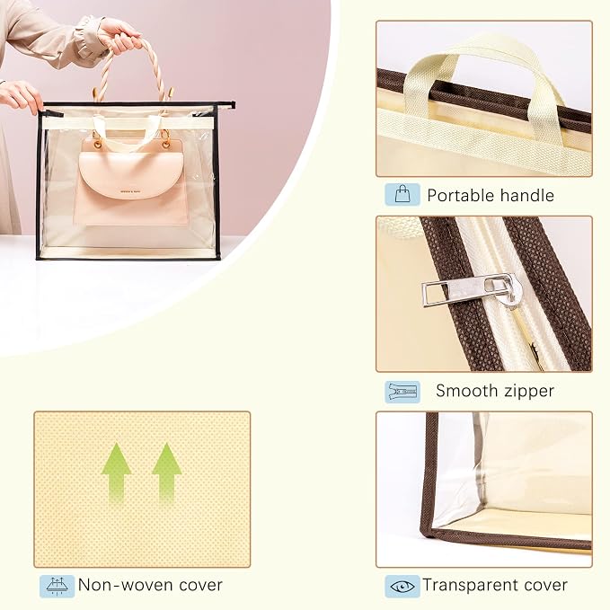 10 Set Handbag Storage Organizer Dust Bags for Purses Handbags Closet, Clear Purse Protector Storage Bag Dust Cover for Bags, Closet Organizer for Handbags with Hooks