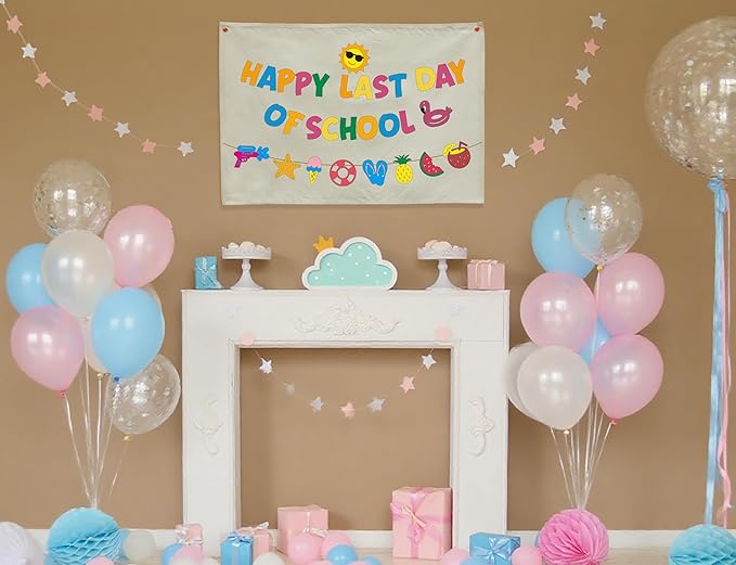 Happy Last Day of School Banner, Beige Cotton Canvas Classroom Wall Hanging Sign, End of Year Graduation Decor for Preschool Kindergarten Elementary Photo Backdrop, Teacher Gift 28.5x20 Inch