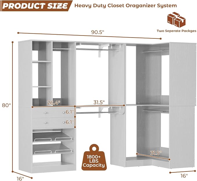 Closet System with 2 Drawers, 5 Hanging Robs, 4 Adjustable Shelves, 90.5"*31.5" Closet Organizer System with Corner Tower, L-shape Walk-in Closet System, Corner Closet System Set of 2, Morandi Grey