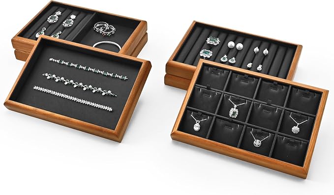 Oirlv Solid Wood Stackable Jewelry Organizer Tray Jewelry Drawer Organizer(Black)