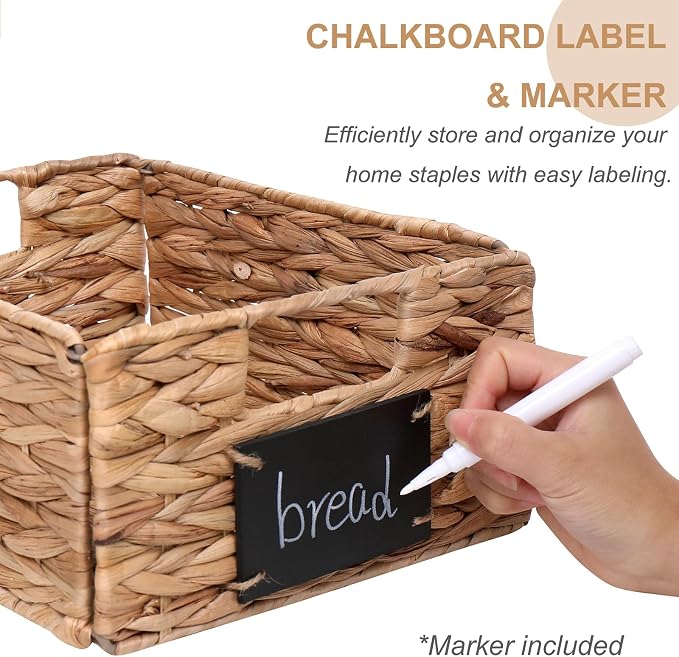 LYJWOO6D Water Hyacinth Storage Baskets Set of 4 Wicker Pantry Baskets,Hand-Woven Foldable Seagrass Organizers with Chalkboard Labels and Chalk Marker,Rectangular Shelf Basket for Organizing