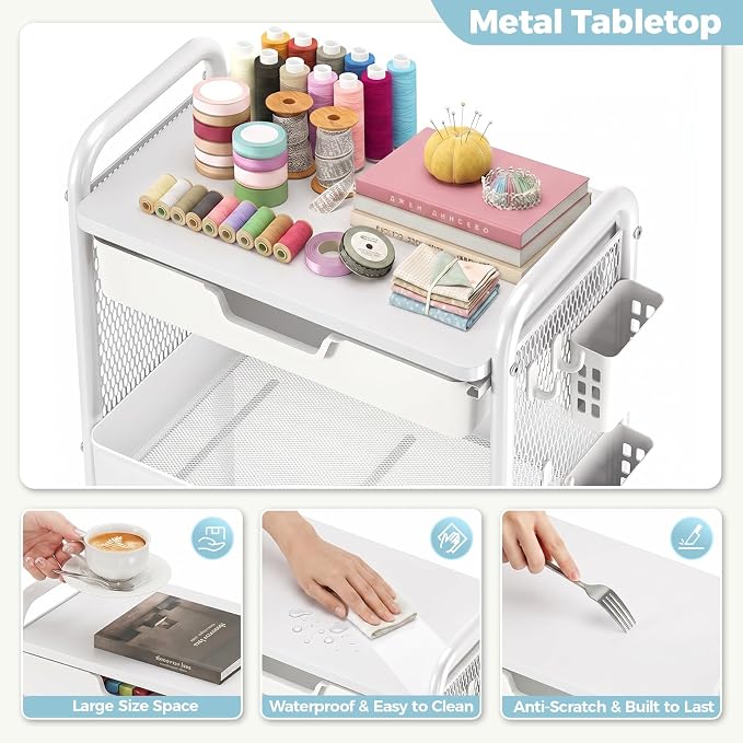 3 Tier Metal Rolling Utility Cart with Drawer & Pegboard - Multifunctional Storage Cart on Wheels with Tabletop, Hooks & Basket, Sturdy Craft & Art Cart for Bathroom, Bedroom, Children Room, White