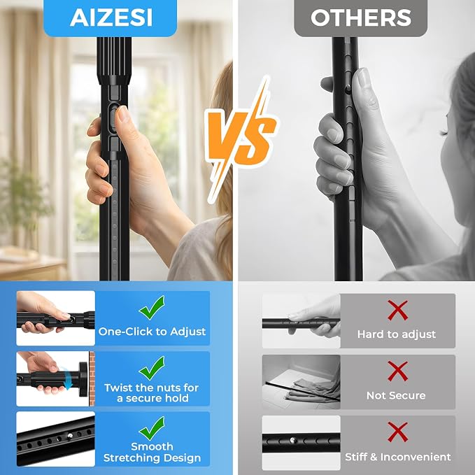AIZESI 41-67 Inch Heavy Duty Tension Curtain Rod - No Drilling, Adjustable, Rust-Resistant for Outdoor, Living Room, Window, Bathroom (Black, 41" to 67"|2PACK)