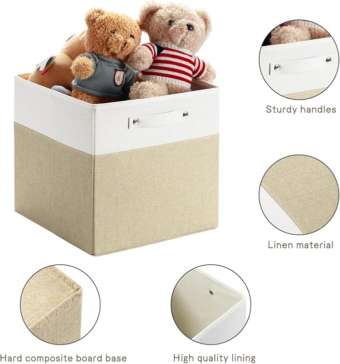 FinishingBo 13 x 13 Inch Fine Linen Storage Bins with Handles，Fabric Cube Boxs，Basket Organizers for Shelves for Home, Closet Drawers (White/Khaki-6 Pack)