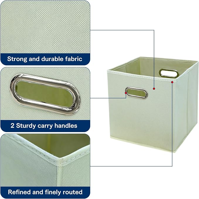 STOREONE Fabric Storage Bins Cubes Baskets Containers-(11X11X11) with Dual Handles Cube Storage Organizer Bins for Shelf Closet, Bedroom Organizers, Foldable Set of 6 (Creamy- White )