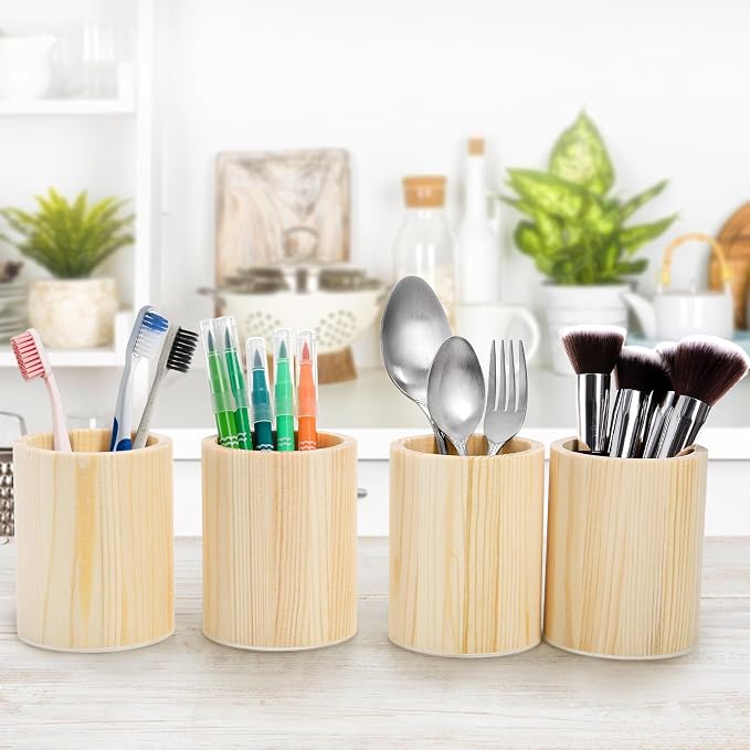 Yopay 12 Pack Wood Pen Holder, 4 Inch Round Pencil Holder, Unfinished Wooden Vase, Desk Organizer Cups for Makeup Brush, Homemade DIY Crafts, Home School Office Supplies, Wedding Centerpieces Decor