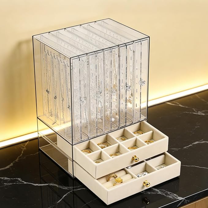 Greenfeather Jewelry Organizers and Storage, Clear Acrylic Jewelry Box with 40 Necklace Hooks 120 Pairs of Earring Holes 2 Velvet-Lined Drawers for Rings Necklaces Earrings