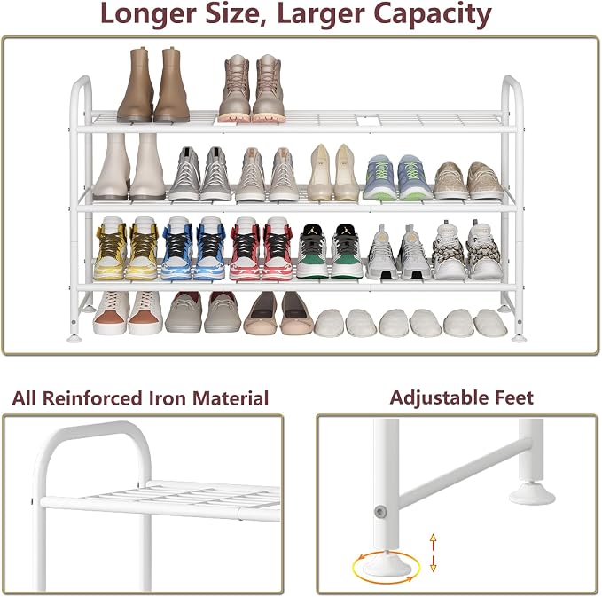 LINZINAR 3 Tier Long Shoe Rack for Closet Metal Shoe Organizer for Entryway | Spacious design stores 20+ pairs of shoes,durable metal frame,space-saving organizer for closet, hallway, and Entryway White