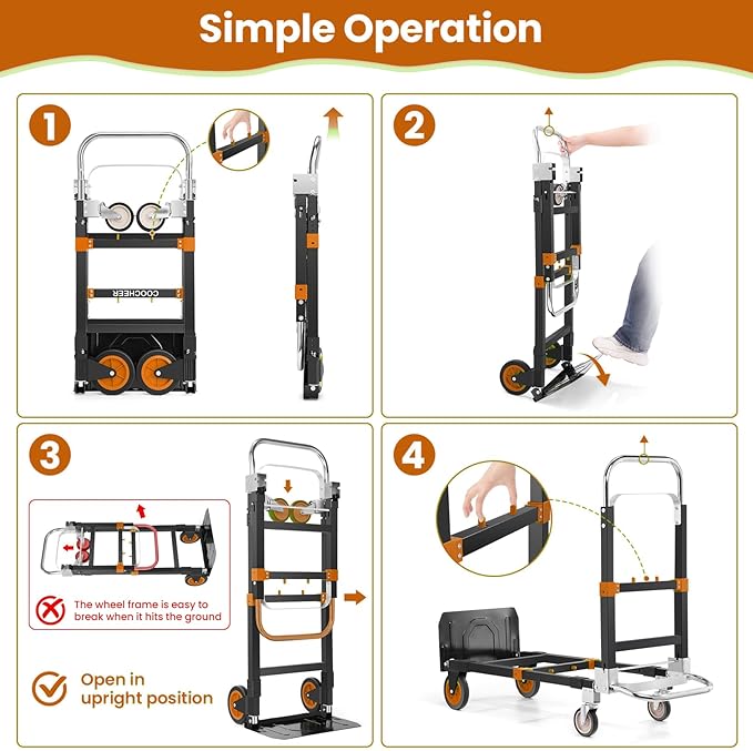 3-in-1 Folding Hand Trucks, 600Lbs Convertible Hand Truck Dolly, Heavy Duty Convertible Dolly with Retractable Handle and 4 Rubber Wheels, Collapsible Cart for Moving Office/Home/Warehouse(Orange)
