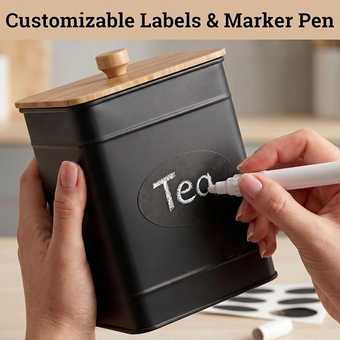 Kitchen Canisters for Countertop Set of 3 w/ Chalkboard Labels & Marker Pen | Airtight Easy Open Bamboo Lids, Dent-Resistant Thick Metal, Customizable Chalkboard Labels, Marker Pen Included, Set of 3