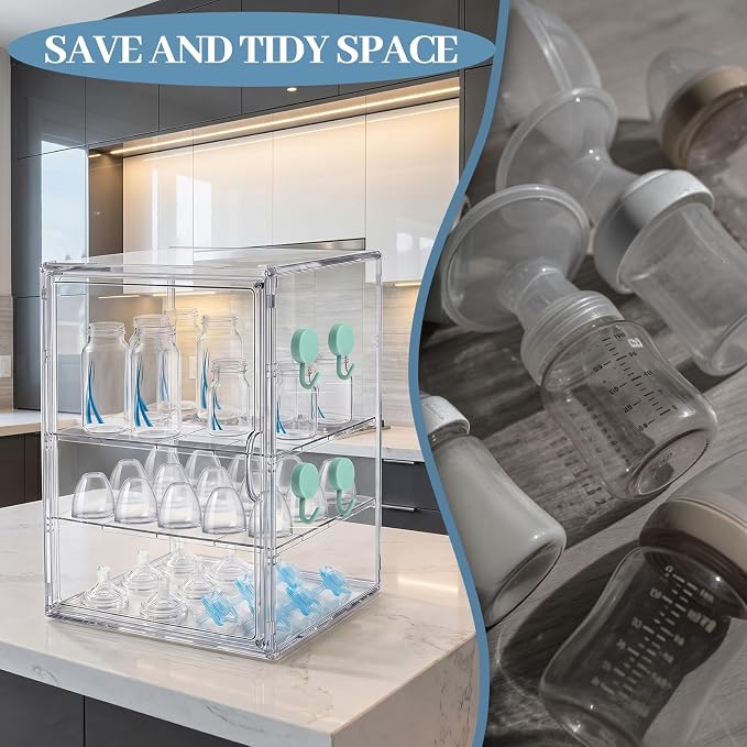 Baby Bottle Organizer, 3 Tier Bottle Storage Organizer Baby | Acrylic Bottles Storage Station with Magnetic Door and Hook for Pacifiers Pump Parts, Makeup & Bathroom Organizer