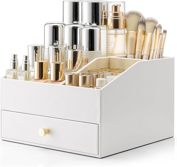 VLANDO Makeup Organizer,Vanity Organizer with Drawers, PU Leather Skincare Organizer Perfume Organizer,Large Cosmetic Display Case for Lipstick,Brushes Gifts for Women-White