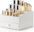 VLANDO Makeup Organizer,Vanity Organizer with Drawers, PU Leather Skincare Organizer Perfume Organizer,Large Cosmetic Display Case for Lipstick,Brushes Gifts for Women-White