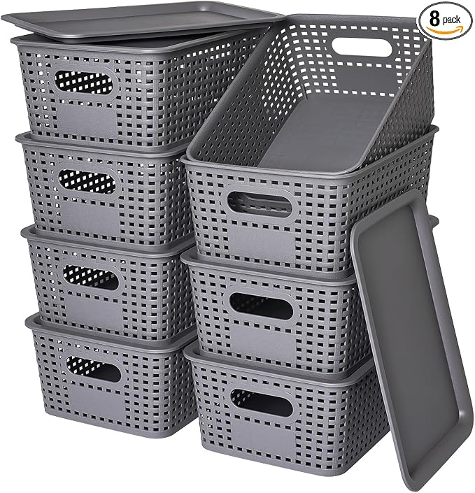Plastic Storage Baskets with Lid-Plastic Storage Containers Stackable Storage bins: Storage Baskets for Organizing Shelves Drawers Desktop Closet Playroom Classroom Office,8 Pack-Gray10.2x7.2x4.1Inch