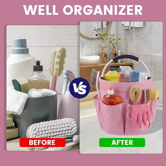 Cleaning Caddy with Handle, 17L Cleaning Supplies Organizer, Pink | 600D Oxford Fabric Storage Basket with 6 Pockets, Multifunctional Bucket Bag for Picnics, Camping, Gardening, Bathing