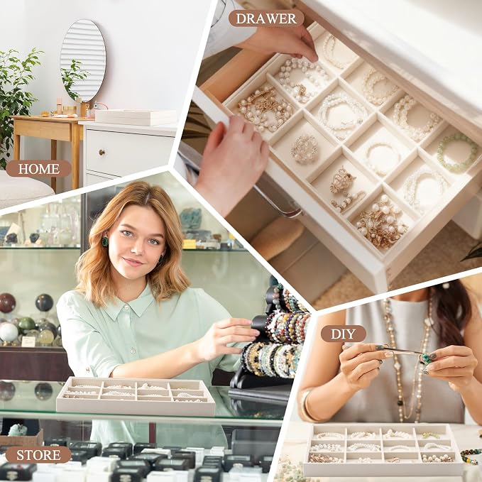 Cinnvoice 4 Pcs Stackable Jewelry Organizer Tray, 12 Grids Velvet Bracelet Ring Necklace Tray, Jewelry Organizer Trays for Drawer Display Selling Bangle Necklace Earring Showcase Storage(Beige)