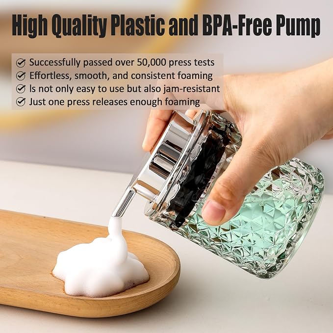 Malachi Foaming Hand Soap Dispenser, Refillable Clear Glass Foam Pump Bottle for Hand Soap, Dish Soap, Body Wash, Shampoo, Facial Cleanser & Baby Wash, Multi‑use for Bathroom, Kitchen & Commercial Use