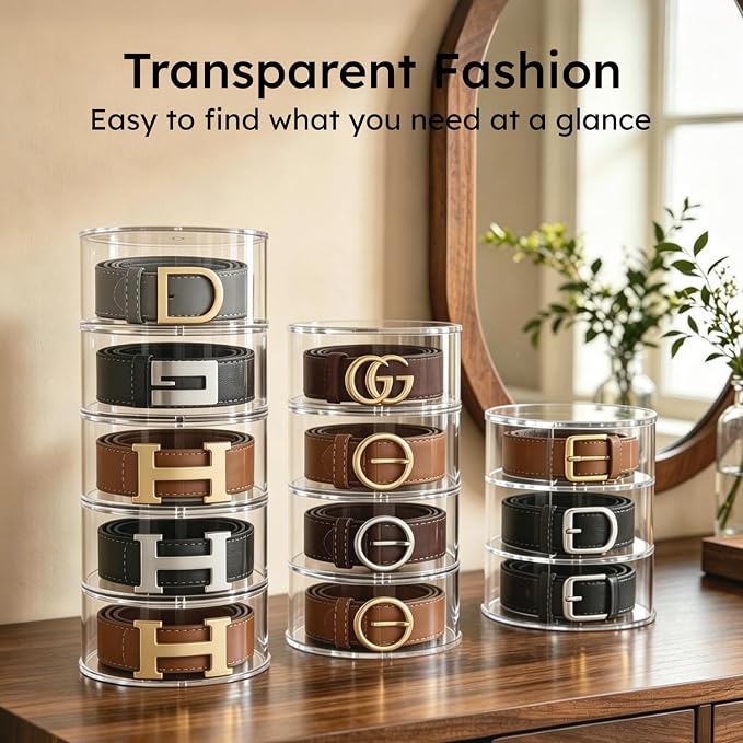 FEMELI Belt Organizer, Acrylic Belt Storage Holder for Closet & Drawer, 5-Layer Stackable Display Case for Belts, Watches, Jewelry and Ties | Clear Acrylic Belts Boxs Organizers for Women Men Closet& Drawer,Watches Jewelry and Tie organizers and storage
