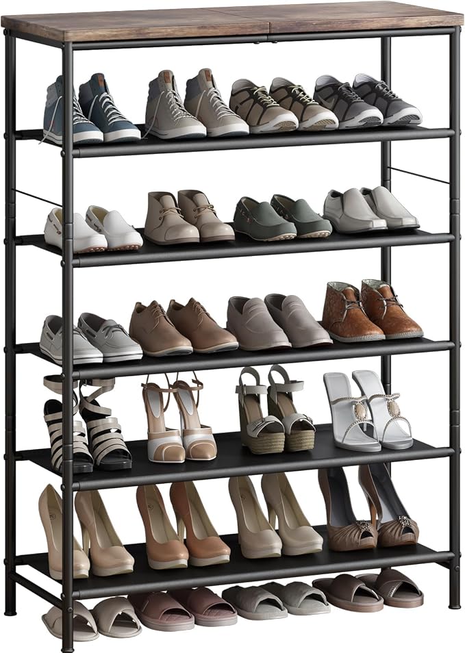 INGIORDAR Shoe Rack Organizer 6 Tier Metal Organizer Shelf with Industrial MDF Board and Layer Fabric for Entryway Closet Bedroom Living Room Garage,Black & Rustic Brown (Black+Rustic Brown, 6 Tier) | Metal space-saving Shoe Shelf stores 24+ Pairs of S...