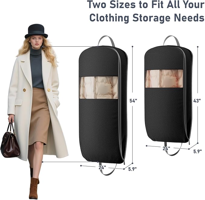 DIMJ 4 Pack 43" Space Saving Garment Bags for Hanging Clothes With Compression Zipper Carry Handles and Window, Washable Suit Bag for Dress, Clothes, Coats, Down Jacket, Closet, Moving, Travel