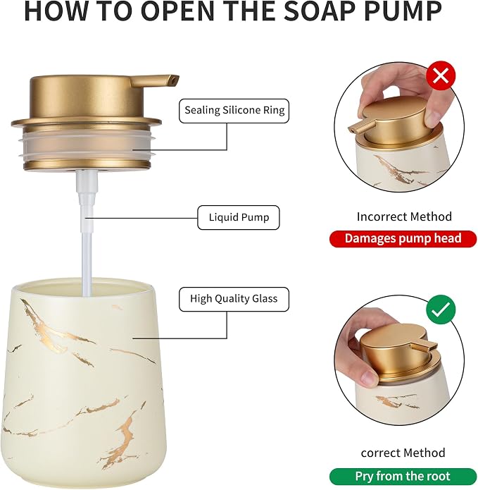 Enra Ceramic Gold Soap Dispenser, 12 oz Modern Liquid Hand Soap Dispenser for Bathroom Kitchen with Easy-to-Press(Gold Liquid Type-Beige)