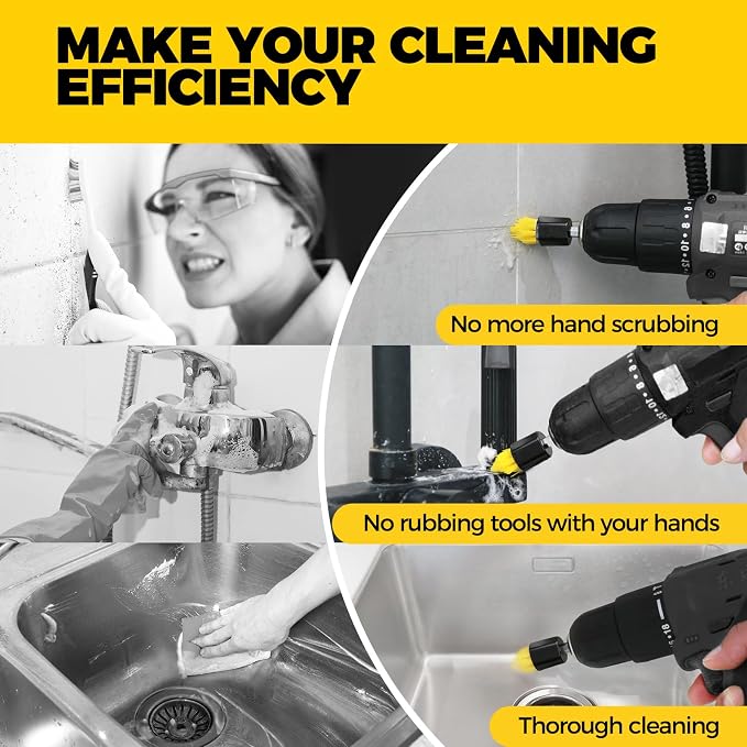 Holikme 6pcs Drill Brush Set for Home Cleaning - Grout and Tight Spaces | 3/4”W Drill Brush Attachment Set, corner brush, detail brush, grout, tile, shower and tub cleaning