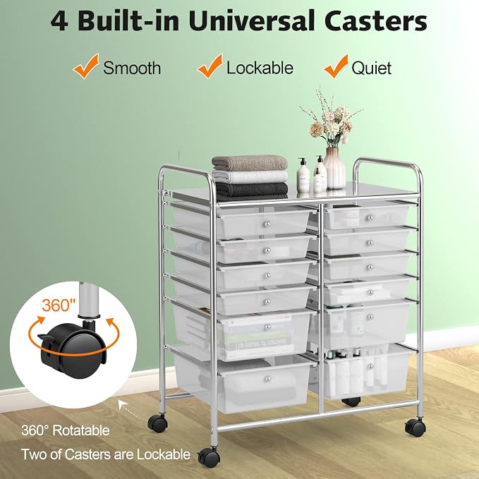 DREAMADE Rolling Cart with Storage Drawers, Utility Cart with Removable Plastic Drawers, Lockable Wheels, Art Cart for Classroom Organization Art Supplies Office Scrapbook (12 Drawers, Transparent)