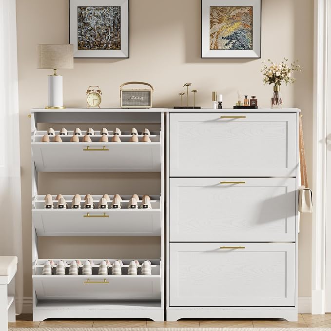 Shoe Cabinet Organizer with 3 Flip Drawers, Modern Narrow Shoe Cabinet with Metal Handles, Freestanding entryway Organizer with 2 Adjustable Shelves & 2 Hooks, for Foyer, Hallway, White