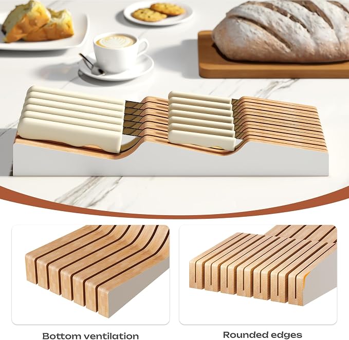 In-Drawer Knife Block Organizer - Bamboo Wood Drawer Knife Organizer-Protecting Knife Organizer Block (Not Included) (White, 13 Knives Dock)