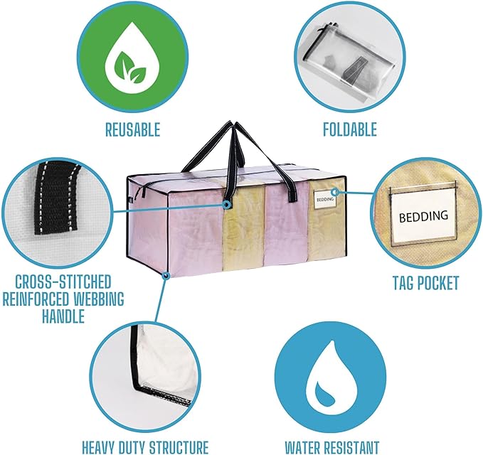 VENO 8 Pack Heavy Duty Moving Bags, Christmas Storage Bins with Lids, Clear Design, Alternative to Moving Boxes, Storage Bags for Clothes, Blankets, Comforters, Pillows, Camping (Clear, 8 Pack)