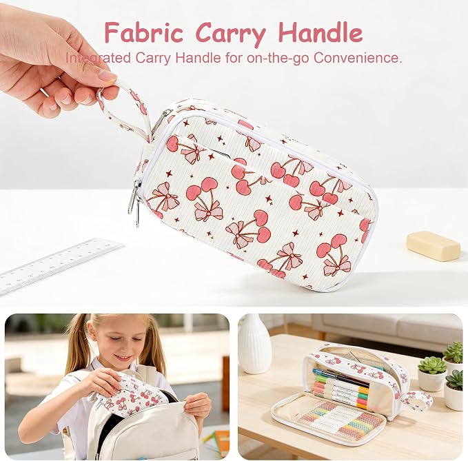 BuyCard Large Capacity Pencil Case, White With Pink Cherry Pattern, Corduroy Pencil Bag with Zipper Closure, Graduation Gift Office Stationery Storage Pen Pouch for Classroom Teacher