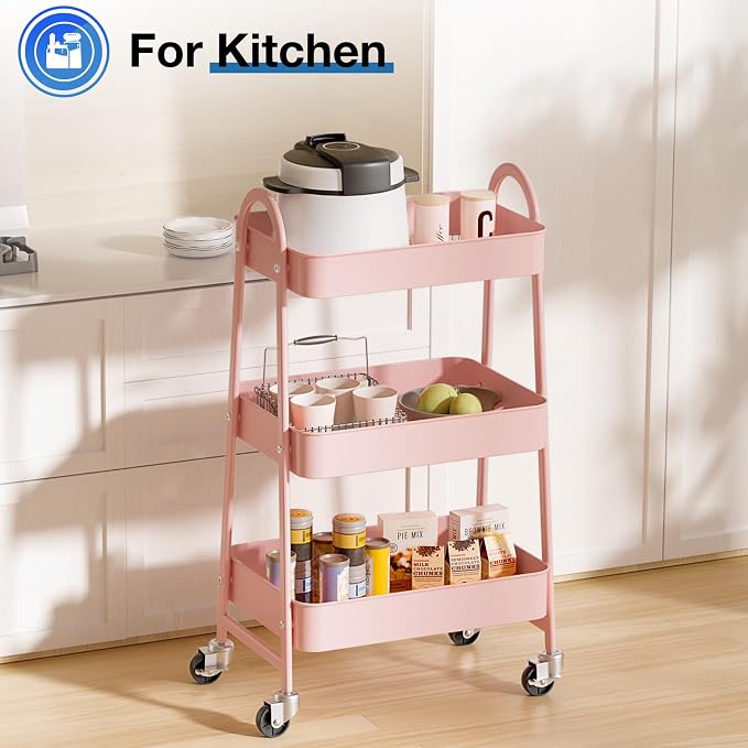DUMOS 3 Tiers Rolling Cart, Utility Cart, Metal, Pink | Mobile Storage, Lockable Wheels, Utility Shelving Unit, Kitchen, Bathroom, Laundry, Narrow Places