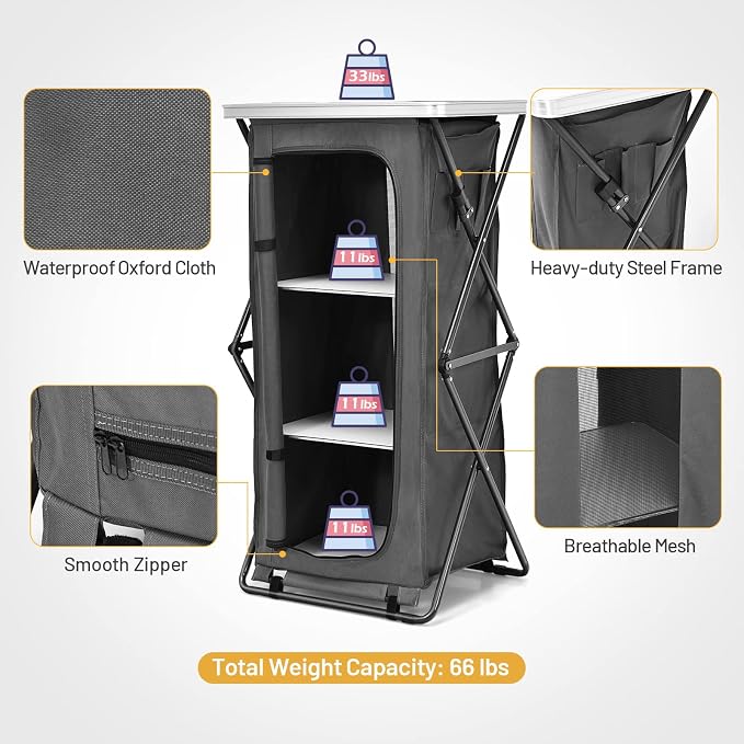 Giantex Folding Camping Storage Cabinet with 3 Shelves and Carry Bag, Portable Outdoor Organizer Kitchen Table, Quick Set-up for BBQ, Picnic, Backyard, Compact Pop-Up Cupboard, 47''H