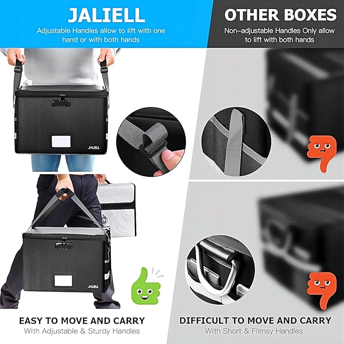 File Box with Lock, Fireproof Document File Organizer Box with Zipper & Adjustable Handle, Collapsible File Storage Box Home Office Safe Filing Cabinet for Hanging Letter/Legal Folder