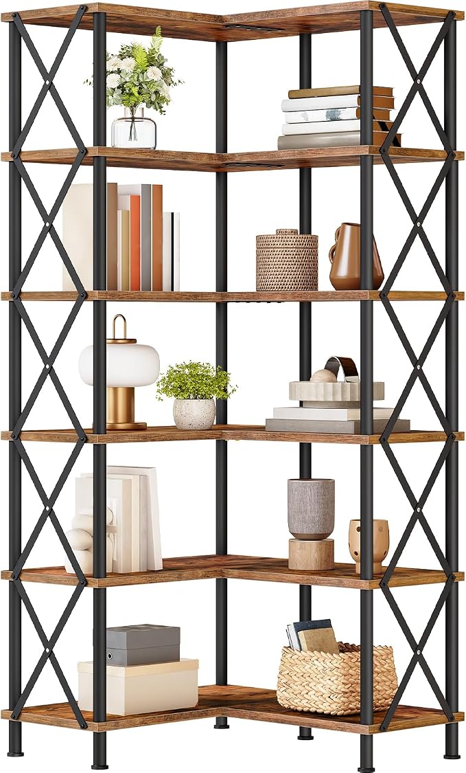 HOOBRO Corner Bookshelf, 6-Tier L-Shaped Bookcase, Industrial Open Display Shelf Tall Storage Organizer, Vertical Storage Rack, for Living Room, Home Office, Rustic Brown and Black BF61SJ01