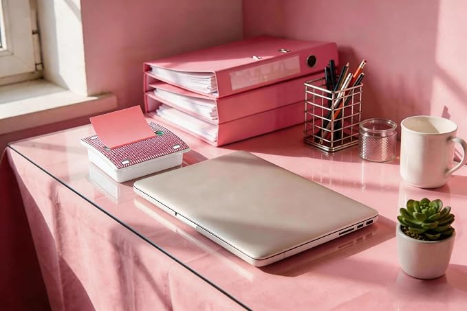 Pop up Sticky Notes Dispenser,Rhinestone Self Sticky Note Holder,Cute Pink Desk Accessories for Office Supplies,Office Desk Decor,Teacher Gifts(White Pink)