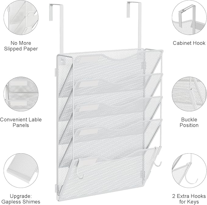 BOHDK Wall File Organizer, Hanging File Folder Organizer, Vertical Mesh Metal Door/Wall Mount Hanging File Holder. Paper Document Magazine Rack with Hooks for Home Office Black (5 Pockets White)