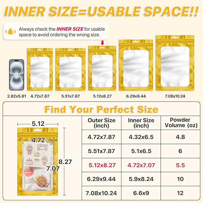 100 PCS Resealable Mylar Bags with Zipper and Frosted Clear Window Smell Proof Packaging Bags Foil Pouch Zipper Bag for Food Self Sealing Storage Supplies (Golden, 5.12x8.27)