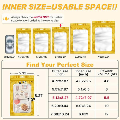 100 PCS Resealable Mylar Bags with Zipper and Frosted Clear Window Smell Proof Packaging Bags Foil Pouch Zipper Bag for Food Self Sealing Storage Supplies (Golden, 5.12x8.27)