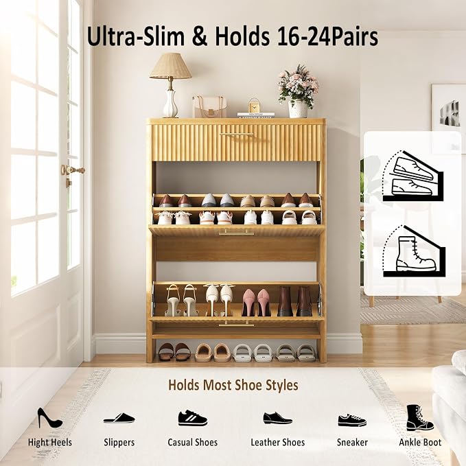 Fluted Shoe Storage Cabinet for Entryway, Narrow Wooden Shoe Cabinet with 2 Flip Drawers & Pull-Out Drawer, Modern Freestanding Slim Shoe Organizer Rack for Foyer/Hallway/Living Room, Oak