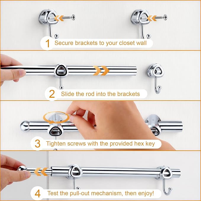 12" Valet Rod for Closets Pull Out, Closet Valet Rod Slide Out with 2 Hooks, Chrome