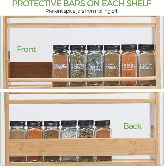 3 Tier Bamboo Spice Rack, Spices Storage Shelf with Handles, Seasoning Jars Organizer for Kitchen Counter or Wall Mounting