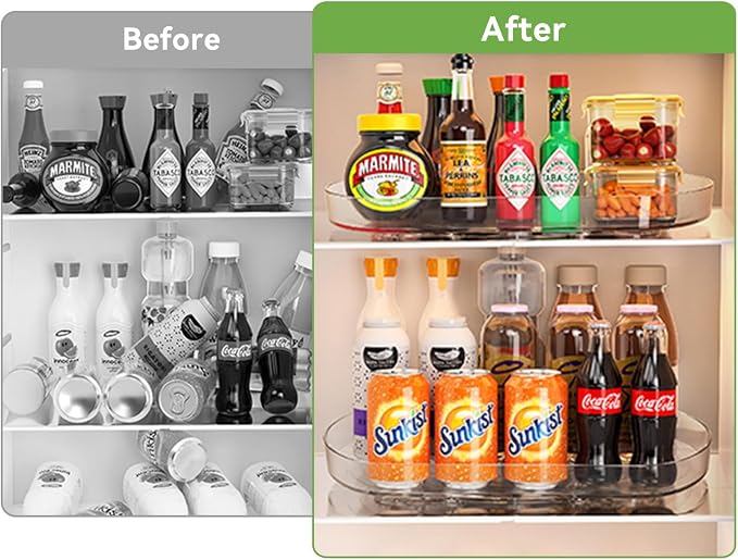 Voova Lazy Susan Turntable Organizer for Refrigerator, 360° Rotating Fridge Organizers and Storage,Rectangle Condiment Organizer Rack for Fridge,Cabinet, Kitchen, Pantry, Countertop, Clear (2 Pack)