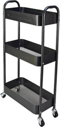 3 Tier Slim Metal Rolling Storage Cart for Laundry Room & Kitchen Organizer, 7.1'' Thin Standing Shelf for Narrow Spaces, Utility Cart with Wheels & Lockable Casters for Bathroom, Black