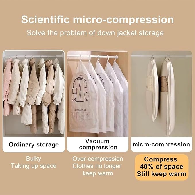 3PCS Space Saving Hanging Garment Bag with Self Compression Zipper, Compression Space Saver Closet Storage Organizers, Dust Cover Clothes Bags for Down Coat (Beige,X-Large)