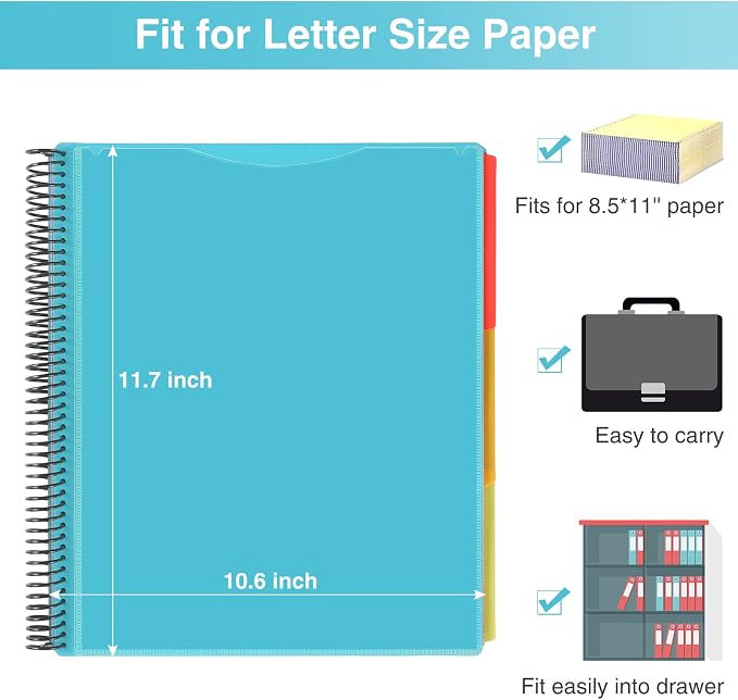 Forvencer 24 Pocket Project Organizer, 1/3-cut Tab Binder Organizer with Sticky Labels, Multi Pocket Folder with Zipper Pouch, Folder Binder Spiral Pocket Notebook, Office Supplies, Letter Size, Blue