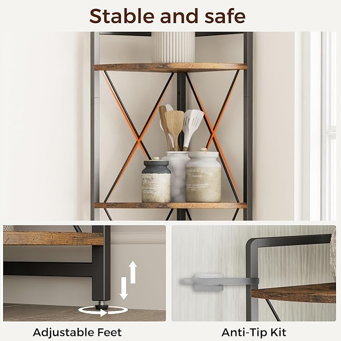 6 Tier Corner Shelf Stand, 78" H Tall Corner Bookshelf, Rustic Brown | Industrial Metal Corner Shelf for Living Room Decor, Plant Stand Display Shelf for Bedroom, Bathroom, Small Spaces